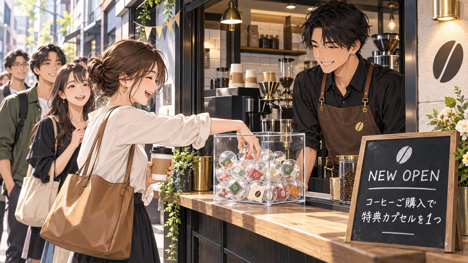 店頭イベントで透明カプセルを選ぶ場面を描いたAI生成の使用イメージ