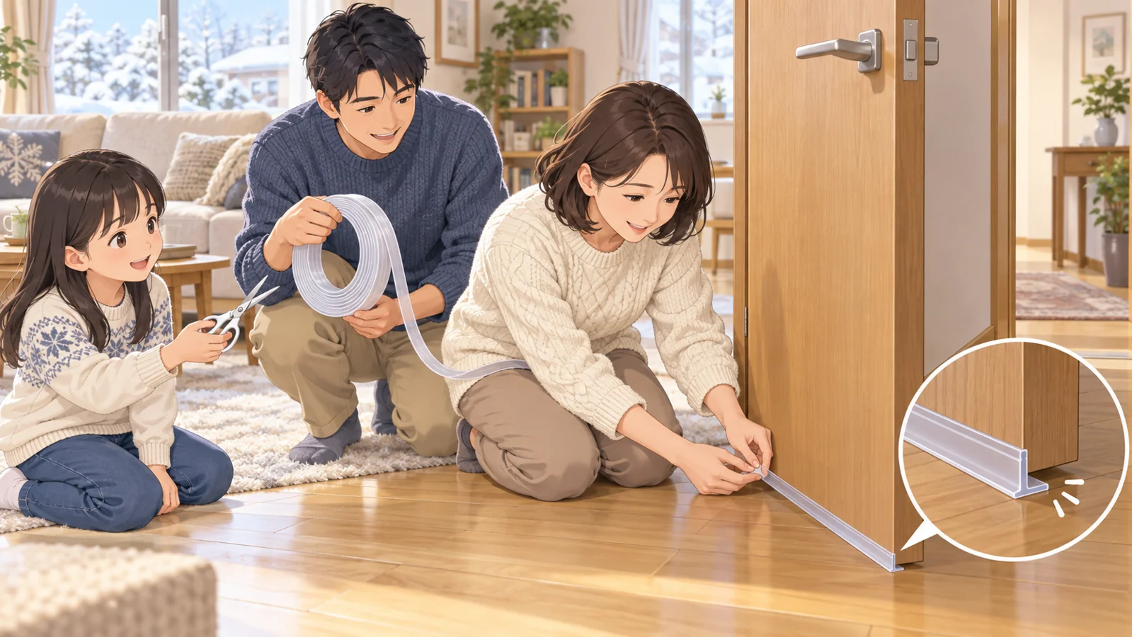 ドア下に半透明のパッキンを合わせる場面を描いたAI生成の使用イメージ