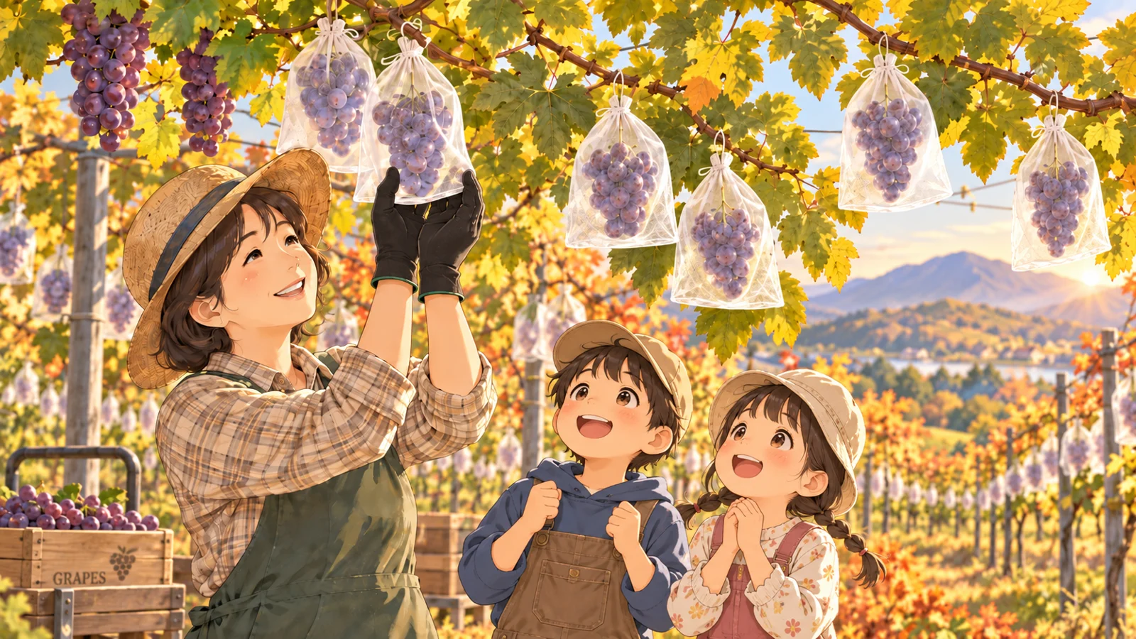 ブドウの房にメッシュの保護袋をかける場面を描いたAI生成の使用イメージ