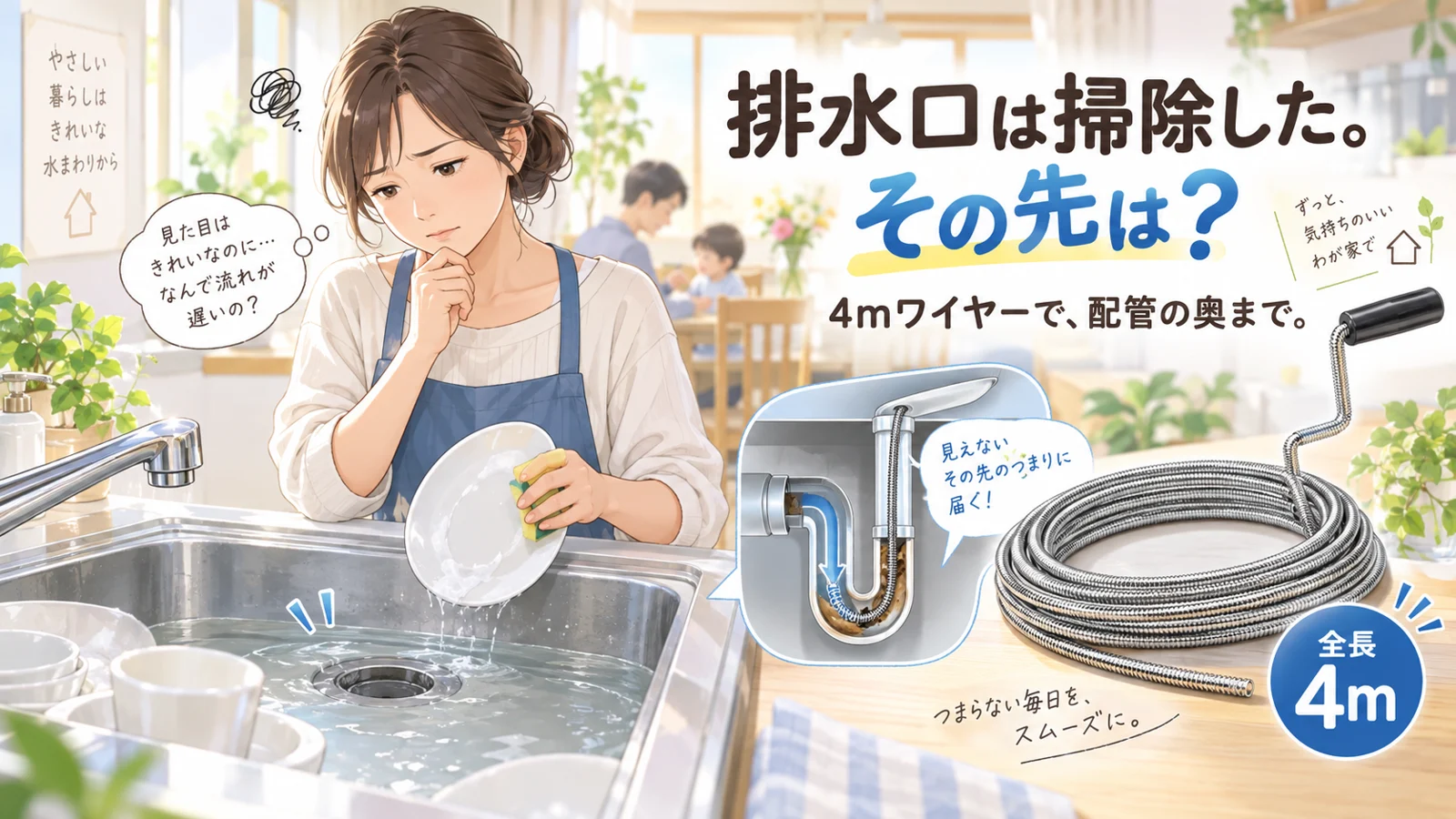 洗い物中に排水を気にする場面と約4mのワイヤーを描いたAI生成の使用イメージ