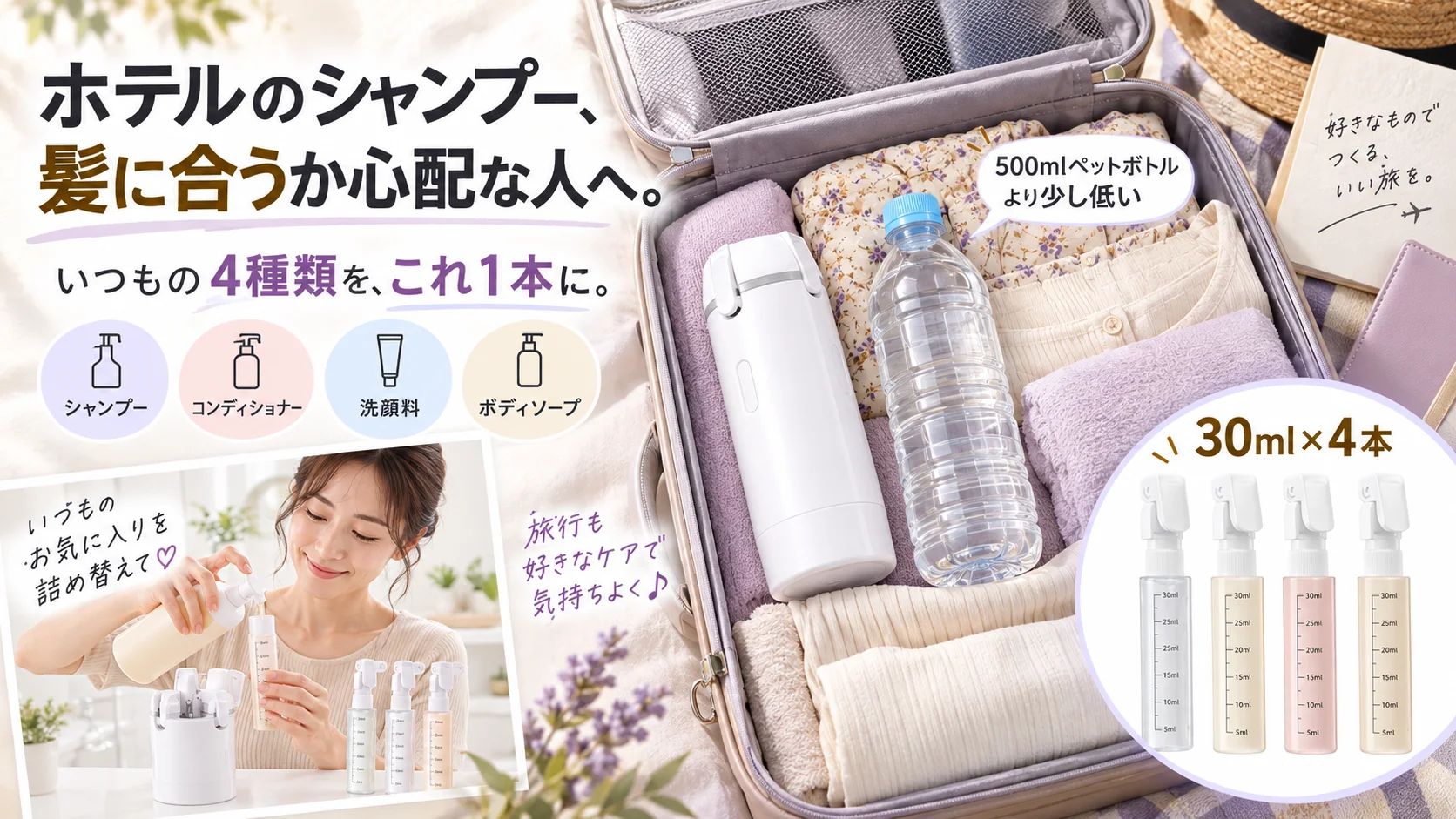 4種類のケア用品を詰め替え、スーツケースにまとめるAI生成の使用イメージ