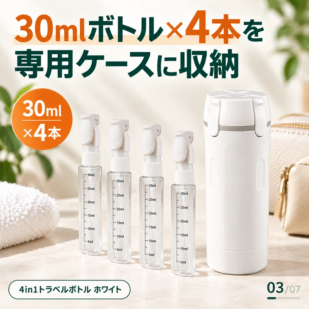 30mlボトル4本を専用ケース1本に収納する4in1トラベルボトル