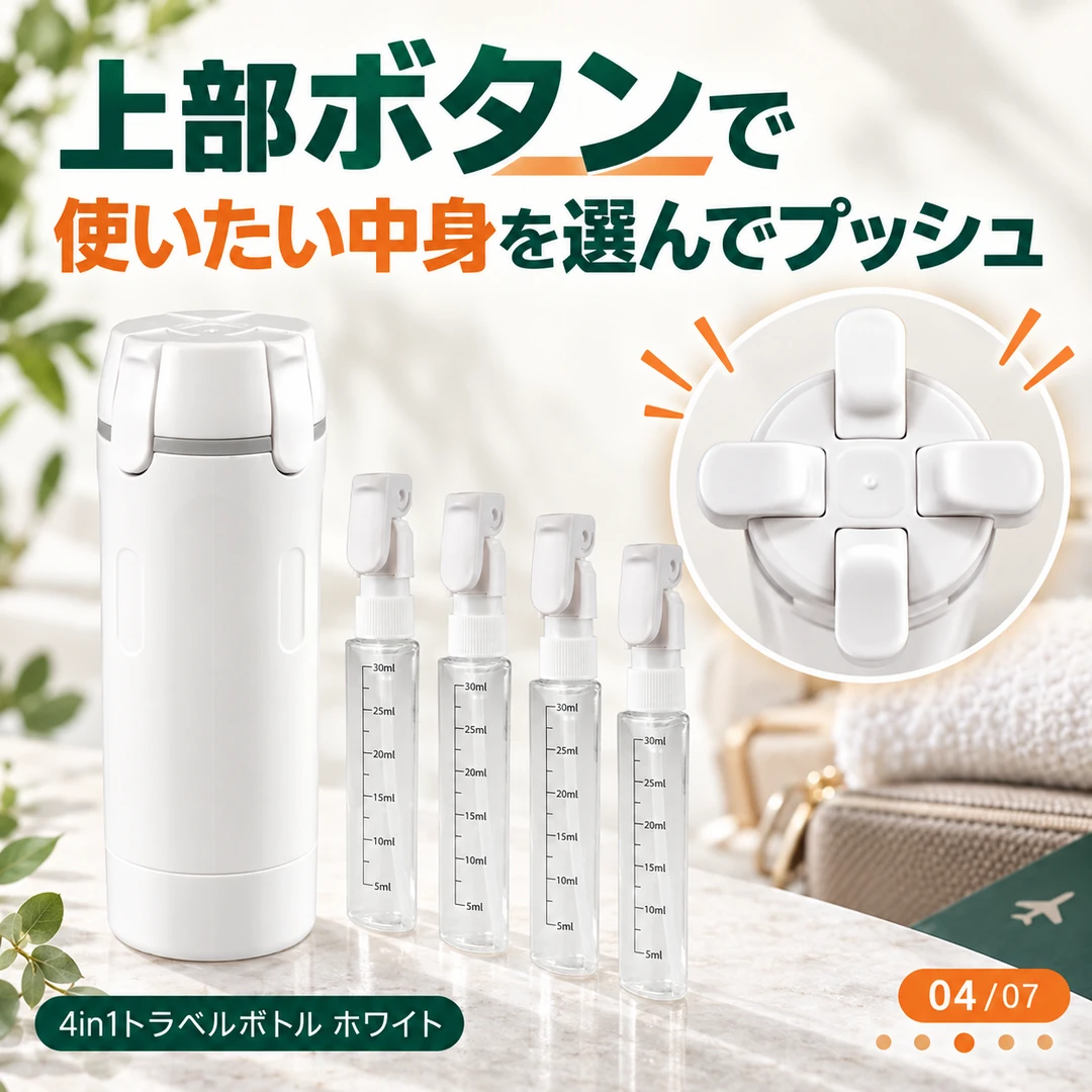 上部ボタンで使いたい中身を選んでプッシュする4in1トラベルボトル