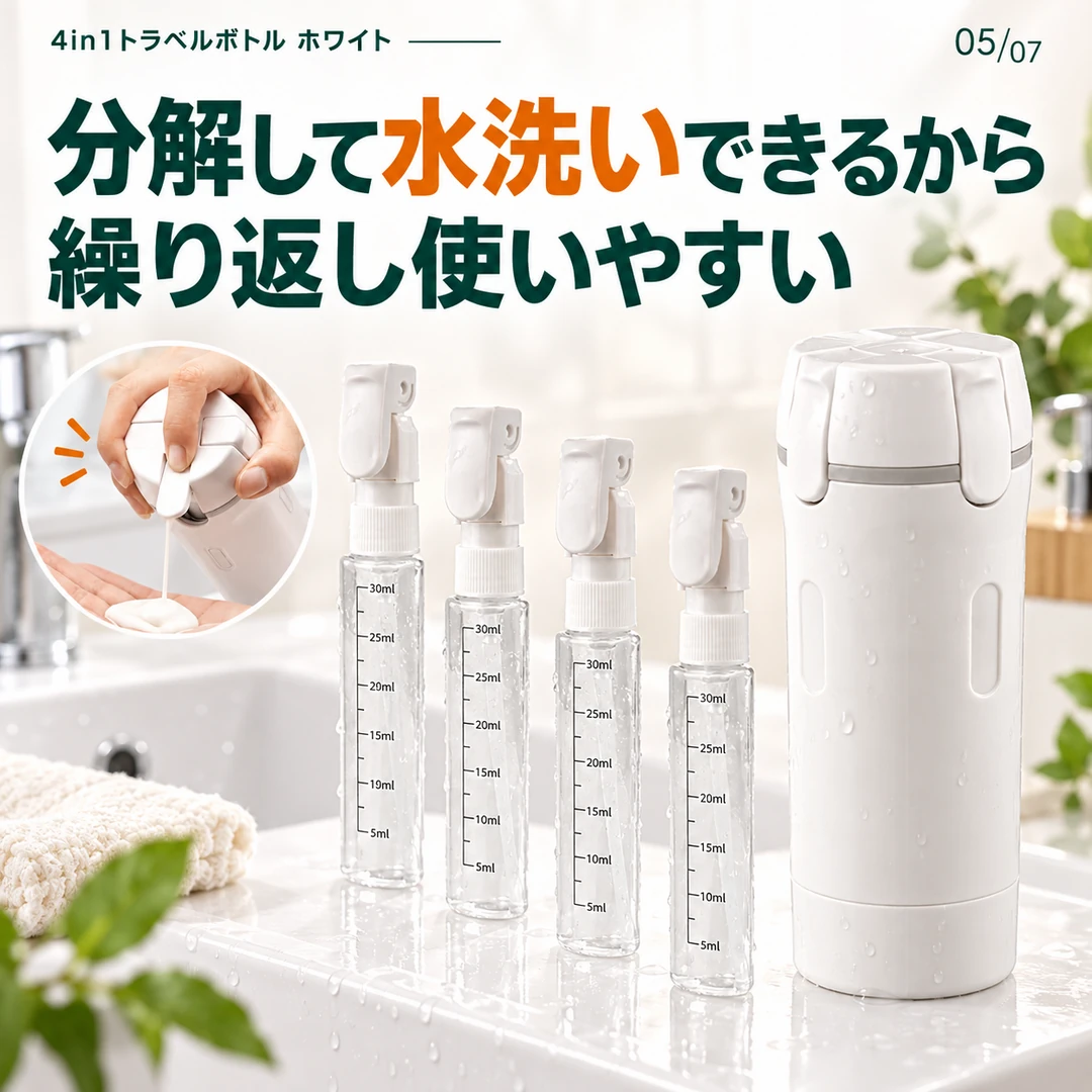 分解して水洗いでき、繰り返し使いやすい4in1トラベルボトル