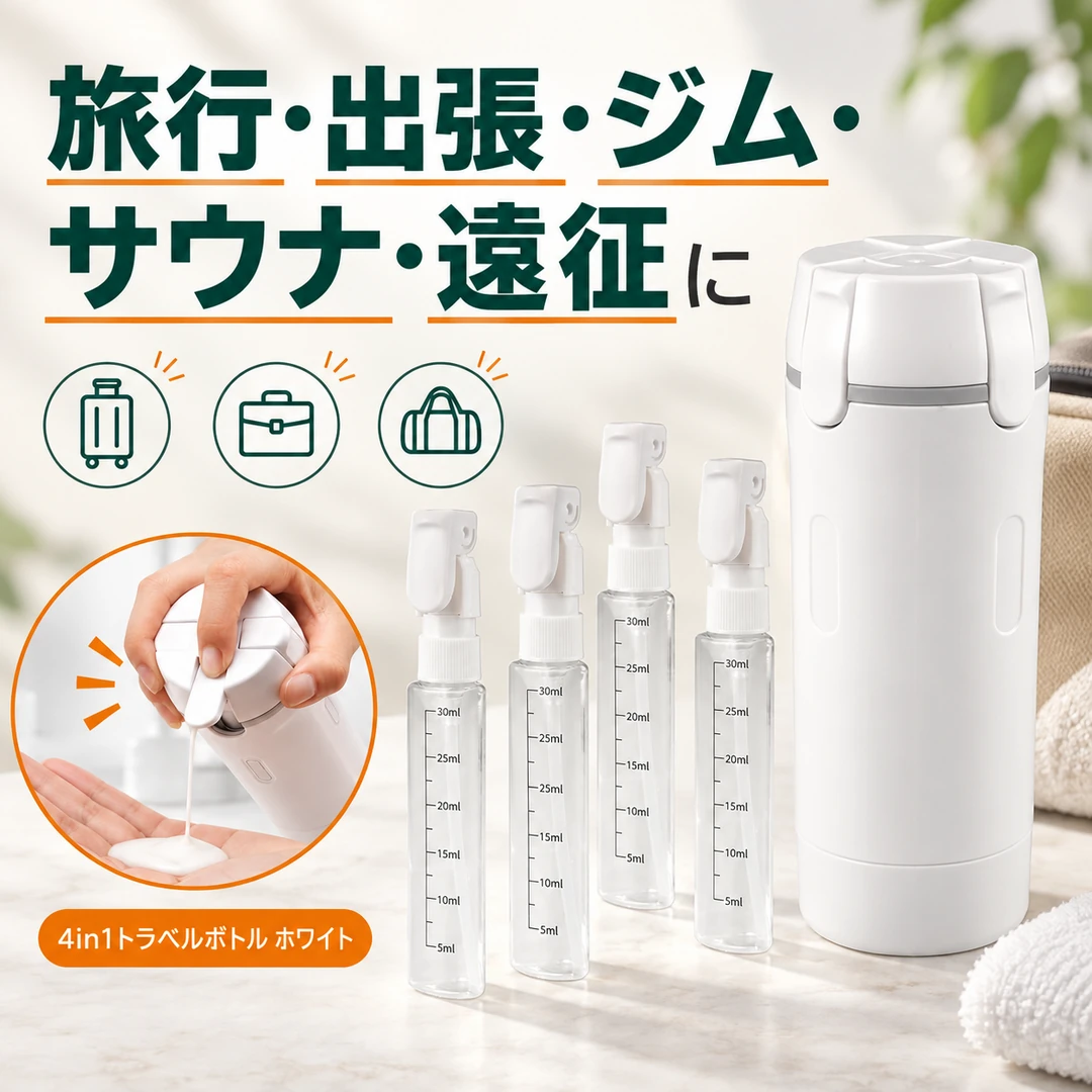 旅行・出張・ジム・サウナ・遠征に使える4in1トラベルボトル ホワイト