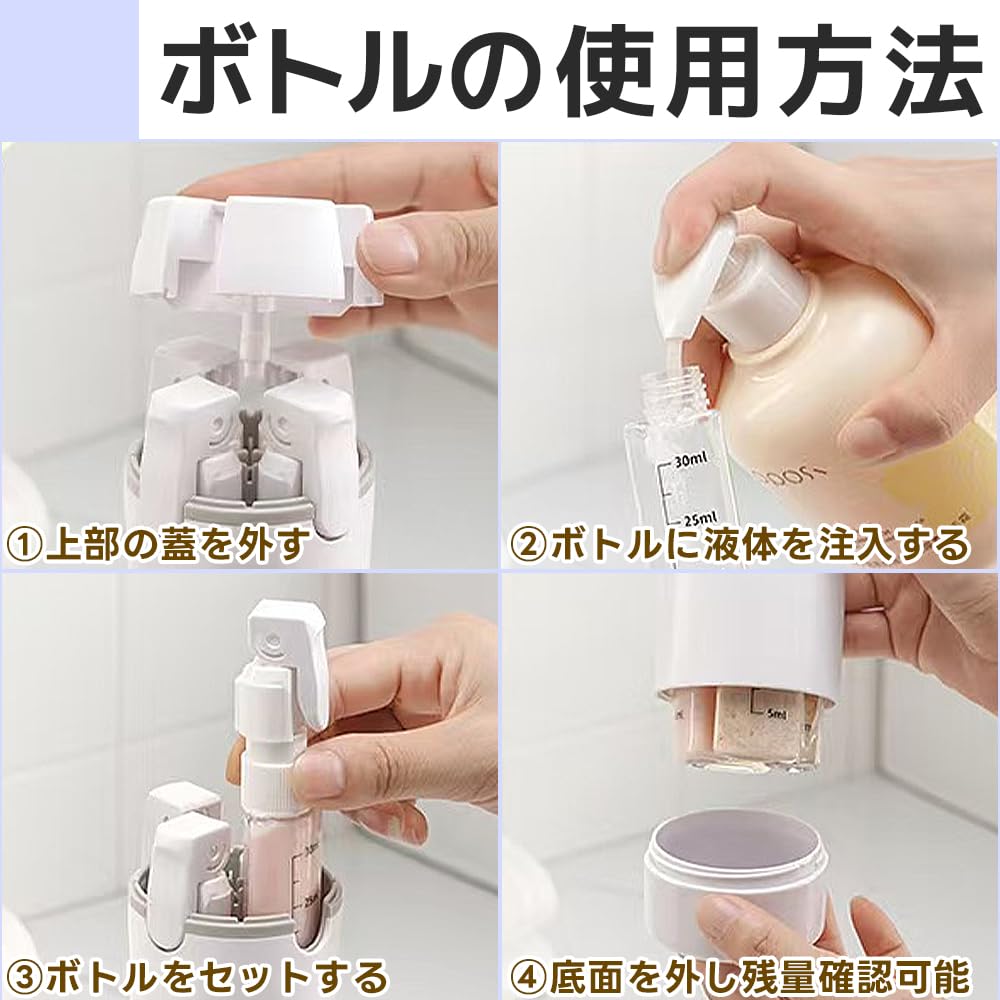 4in1トラベルボトルの使用方法:蓋を外す、液体を注入する、ボトルをセットする、底面を外して残量を確認する