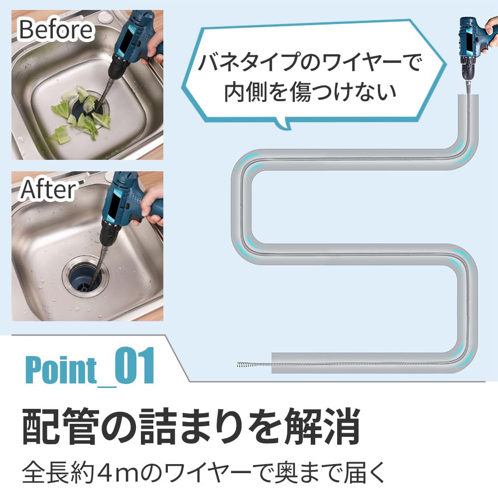 約4mのバネ状ワイヤーをキッチンの排水管へ入れて清掃する様子